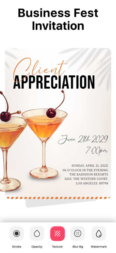 Invitation Card Maker . RSVP - Business client appreciation invitation design template with cocktail graphics