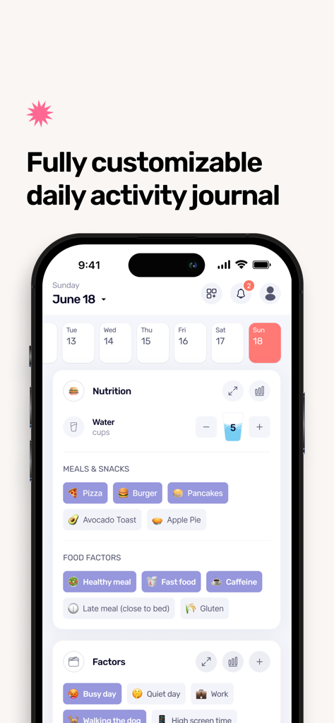 Mindway: Stop Overthinking - Mindway app interface showing a fully customizable daily activity journal for tracking habits and nutrition
