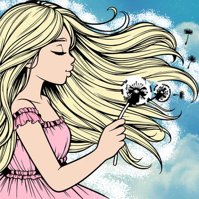 girls hair blowing in the wind in the right blowing at a dandelion realistic