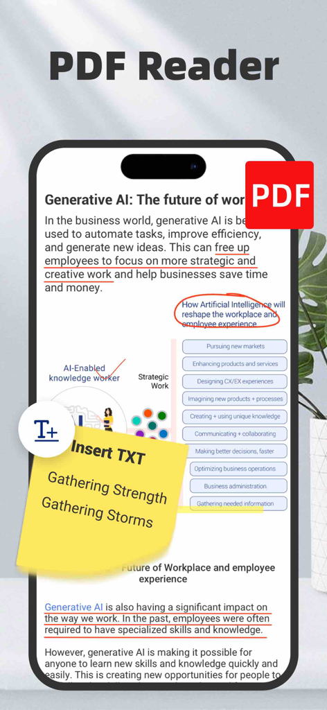 AI PDF Converter: Files to PDF - Ein iPhone-Bildschirm mit einer PDF-Reader-Oberfläche mit Textanmerkungen und einer gelben digitalen Haftnotiz.