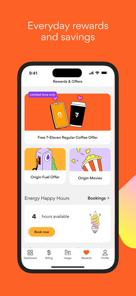 Origin Energy app rewards screen displaying offers for coffee fuel and movies plus energy happy hours booking