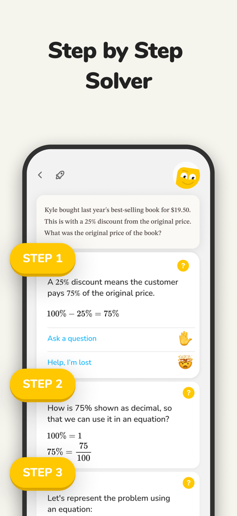 Studdy mobile app interface showing a step by step explanation for a math word problem about discounts