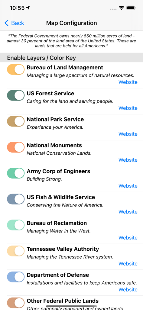 A settings screen in the US Public Lands app showing map layer toggles for different federal agencies like BLM and Forest Service.