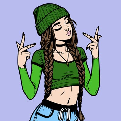 realistic teenage girl with braids and a beanie and crop top doing 🫶🏼