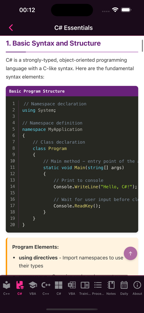 MSDev Academy - C# grundlegende Syntax- und Struktur-Tutorial-Bildschirm in der MSDev Academy App.