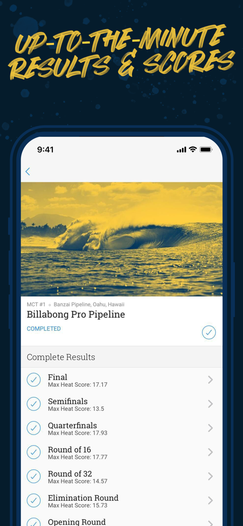 Mobile app screen displaying real-time surfing competition results and scores for the Billabong Pro Pipeline event.