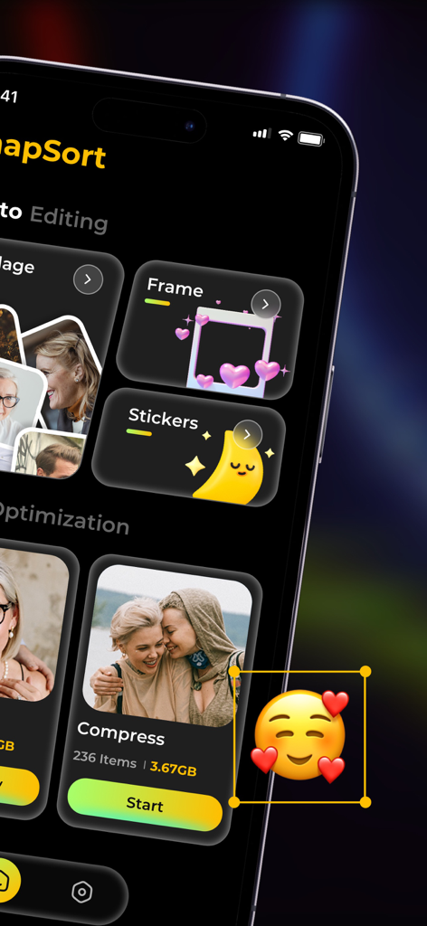 SnapSort: Photo Organizer - SnapSort mobile app interface displaying photo editing options like stickers and frames alongside a video compression tool for storage optimization