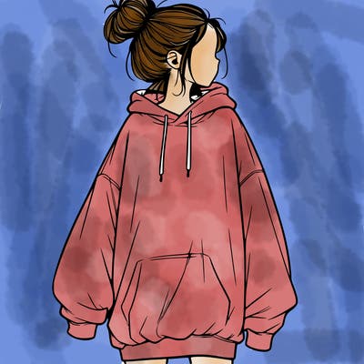 realistic girl with a oversized sweatshirt on and a bun