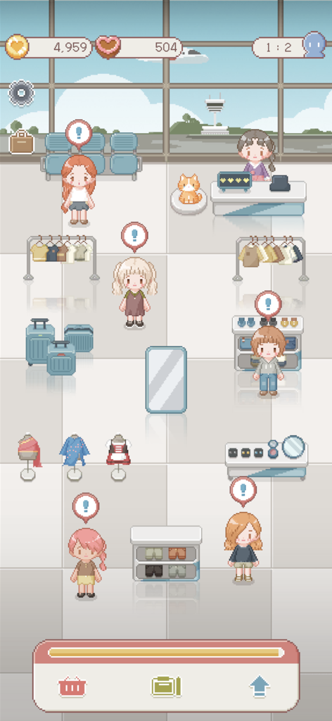 Tiny Boutique : Fashion Game - Pixel art style boutique management gameplay featuring customers browsing clothes in an airport shop