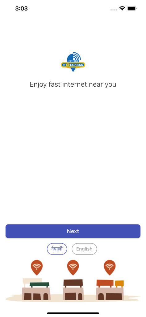 Écran de bienvenue de l'application WorldLink Wi-Fi Express montrant les options de langue et des graphiques de zones Internet locales