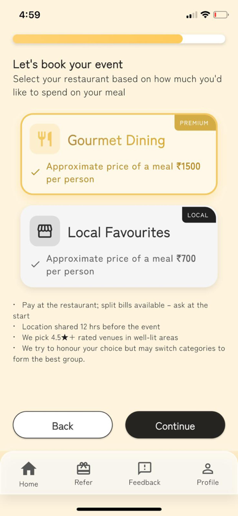 StepOut World app screen showing a choice between Gourmet Dining and Local Favourites for curated social events