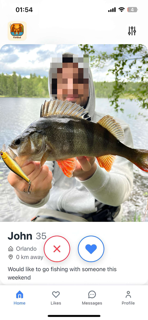 FishBud - FishBud app interface showing a user profile with a fishing photo and like or skip options.