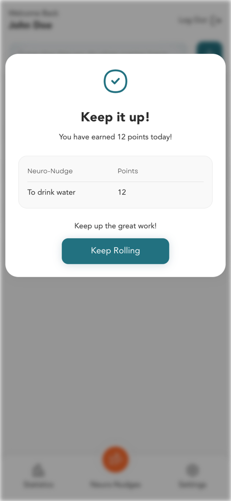 Neuro-Nudge - Uma notificação no aplicativo Neuro-Nudge mostrando 12 pontos ganhos por beber água.