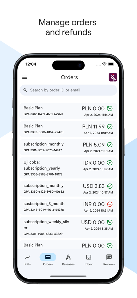 Google Play Console app orders management screen showing transaction history on iPhone