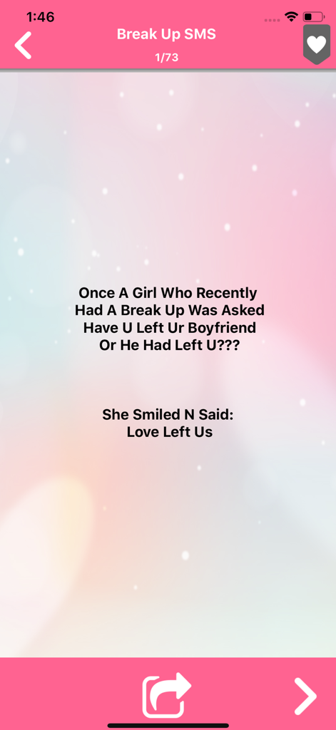 Love Quotes- Daily Love Quotes - Una cita de SMS de ruptura mostrada sobre un fondo estético rosa dentro de la aplicación Love Quotes