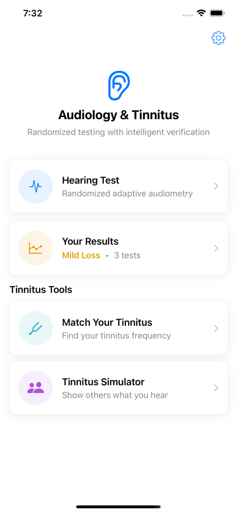 Main menu of the Audiology and Tinnitus app showing hearing test and tinnitus simulator options