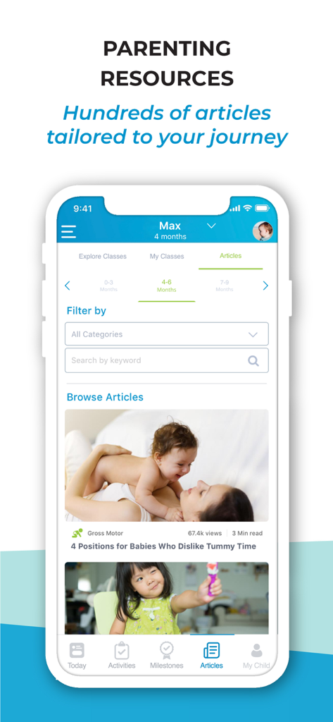 BabySparks - Development App - Schermata dell'app BabySparks che mostra una libreria di articoli genitoriali e risorse di sviluppo per bambini curati da esperti