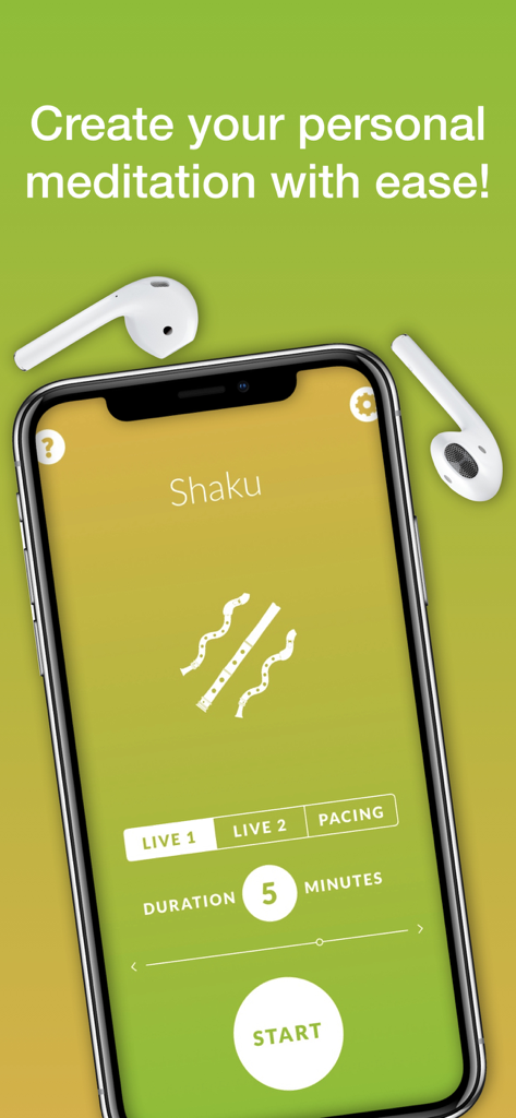 VaYou biofeedback meditation app interface on an iPhone displaying a session setup with Shaku sound flow and start button