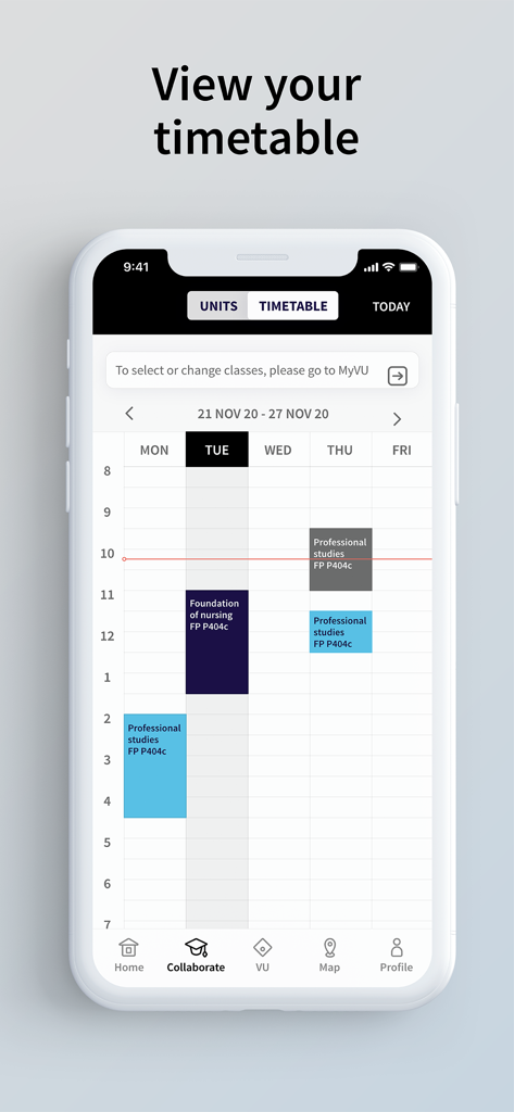 A mobile phone screen displaying the weekly class schedule and timetable within the Victoria University App.