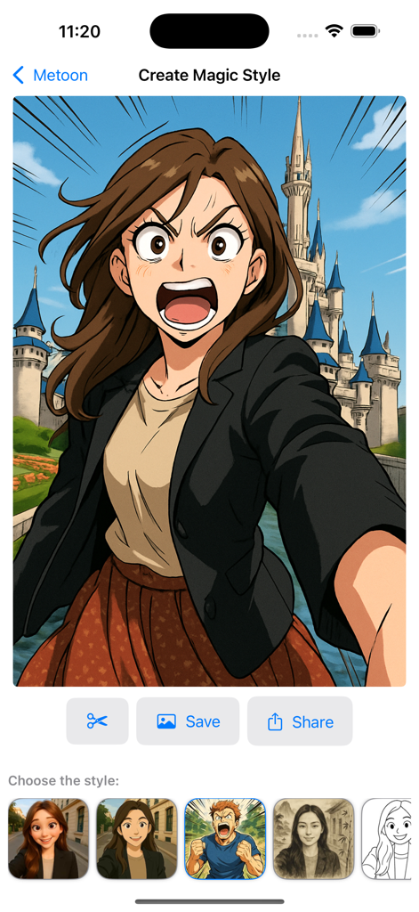 Metoon: Cartoon Photo Editor - Una pantalla de la aplicación móvil de Metoon que muestra a una mujer transformada en un personaje de anime gritando frente a un castillo de fantasía con varias opciones de filtros de estilo debajo