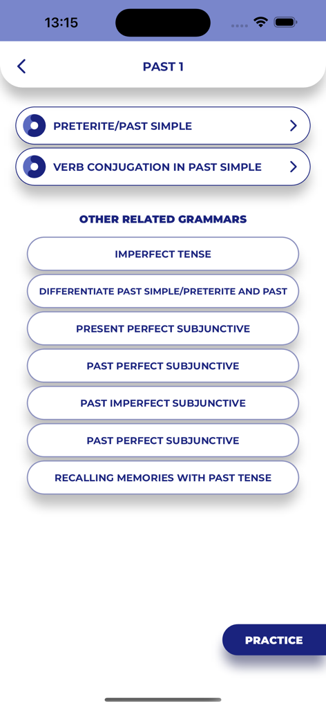 Spanish GrammarーLessons・Tests - Spanish Grammar app screen showing a list of past tense lessons like preterite and imperfect.