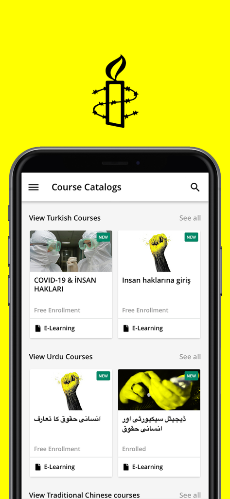 Interface do aplicativo Academia de Direitos Humanos da Anistia Internacional mostrando catálogos de cursos de e-learning gratuitos em vários idiomas.