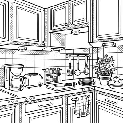 Dive into the intricate details of a bustling kitchen scene with this captivating coloring page. Featuring under-cabinet lights, a coffee maker, and various utensils, it offers a relaxing creative escape for all ages.