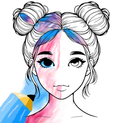 realistic girl with two buns on top of her head