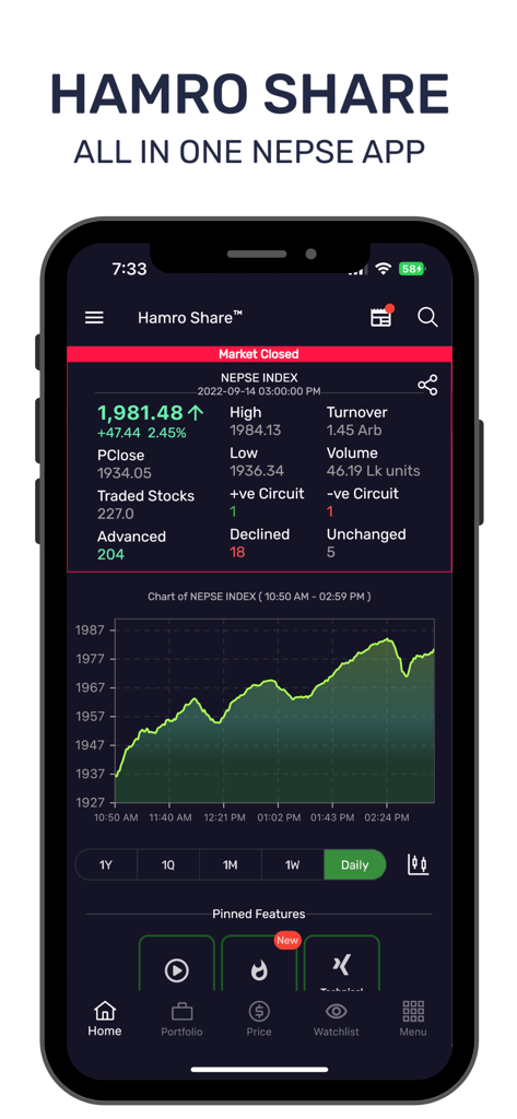 Hamro Share - Nepali Share App - Hamro Share app interface showing NEPSE index summary and technical chart