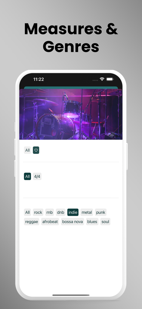 DrumBeats - Real Drum Loops - DrumBeats mobile app interface displaying genre and measure filters for drum loops