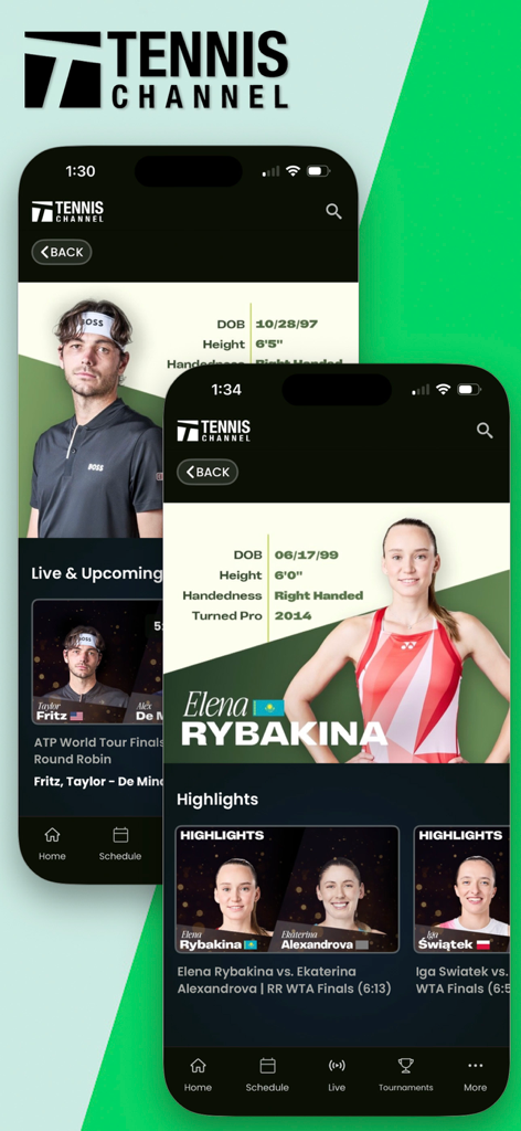 Tennis Channel - Tennis Channel mobile app showing professional player profiles with stats and recent match highlights
