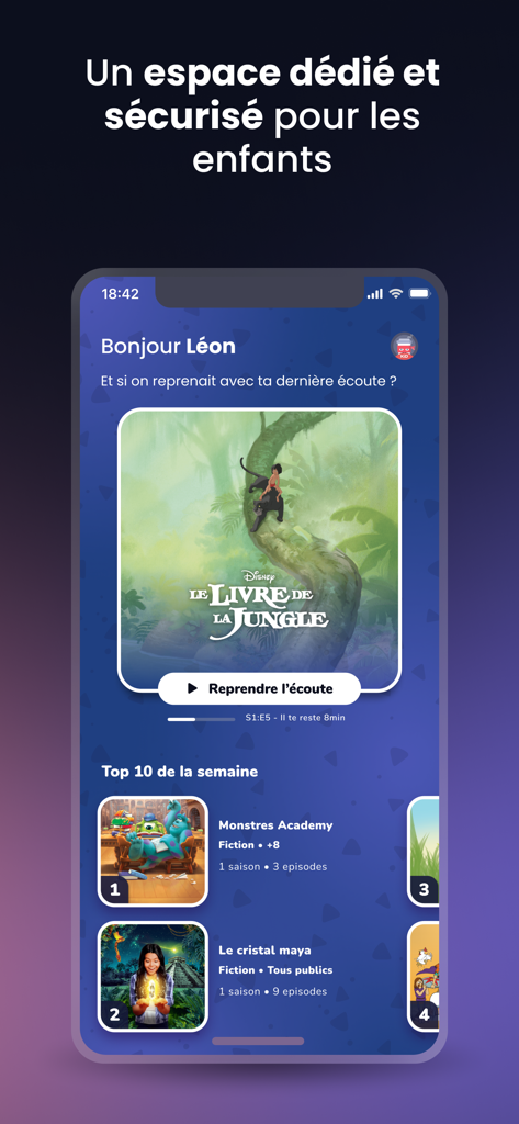 Sybel - Audio series, Podcasts - Sybel mobile app showing a secure kids interface with various audio stories