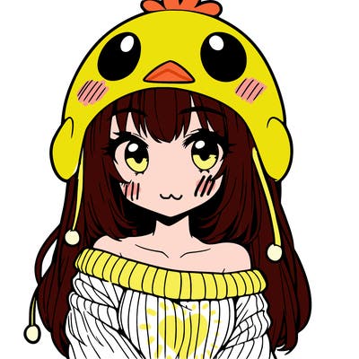anime girl with chick shaped hat with sweater with bare shoulders with bangs covering them one eye with low tail