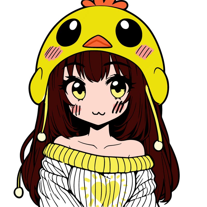 anime girl with chick shaped hat with sweater with bare shoulders with bangs covering them one eye with low tail