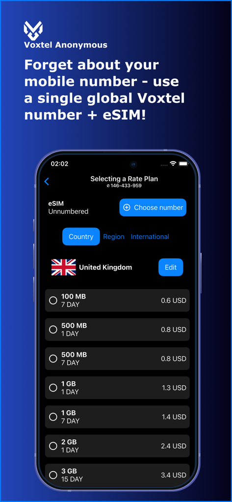Interfaz de la aplicación VoxTel Anonymous que muestra varios paquetes y tarifas de datos de eSIM para el Reino Unido.