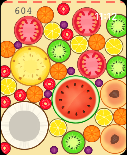 Merge Watermelon for watch - Gameplay of Merge Watermelon showing colorful fruits on a watch face