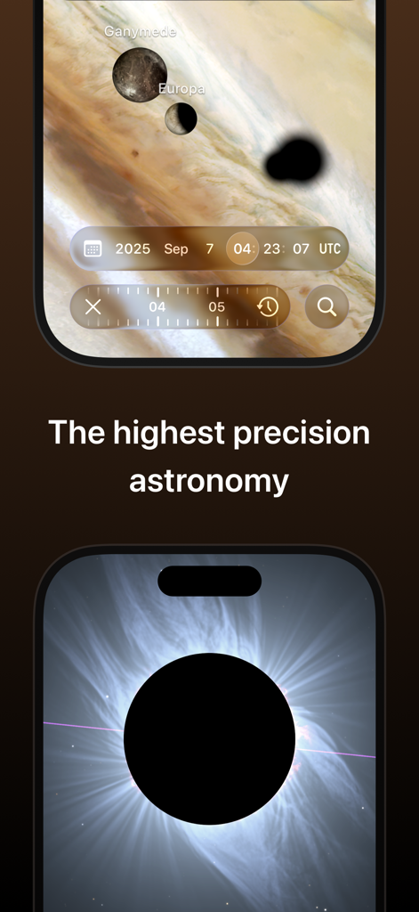 Sky Guide - Sky Guideのインターフェース、正確な惑星の配置と皆既日食が表示されています