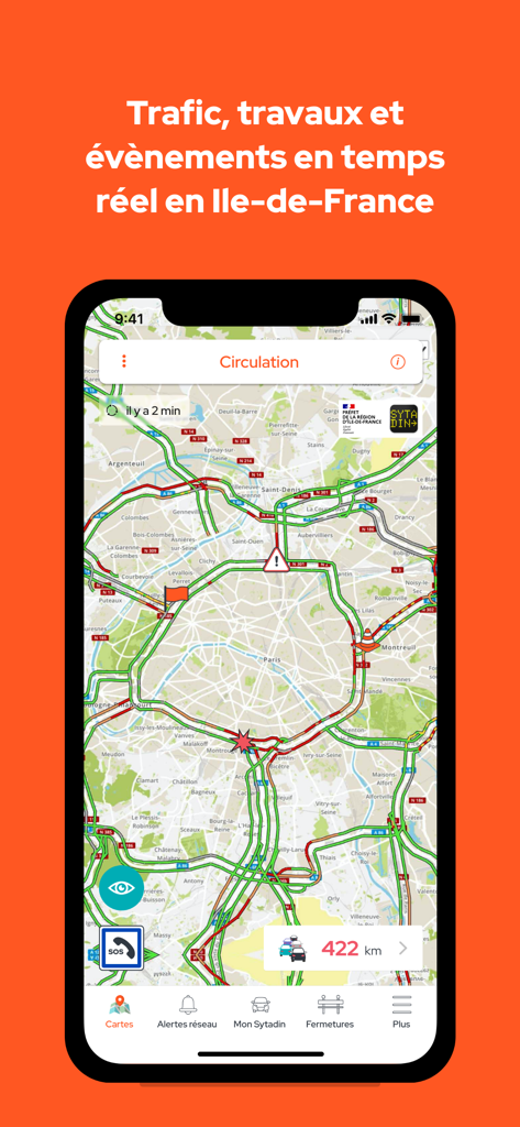 App di navigazione Sytadin che mostra il traffico in tempo reale e gli eventi stradali nella regione di Parigi
