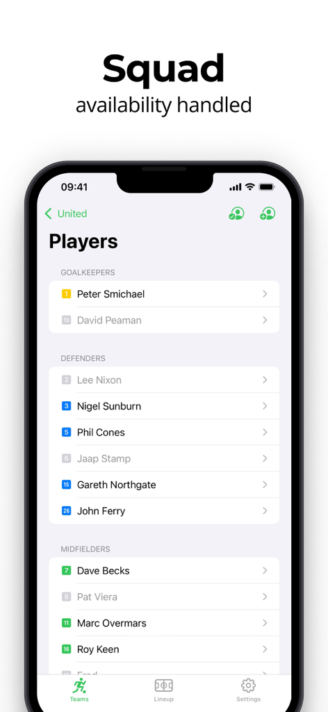 Soccer Line Up Builder - Pro - User interface of the Soccer Line Up Builder Pro app showing a list of players categorized by their positions