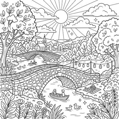 Escape to a tranquil summer countryside with this delightful coloring page featuring classic stone bridges over a peaceful river. Immerse yourself in a scene bustling with nature, charming village elements, and leisurely outdoor activities.