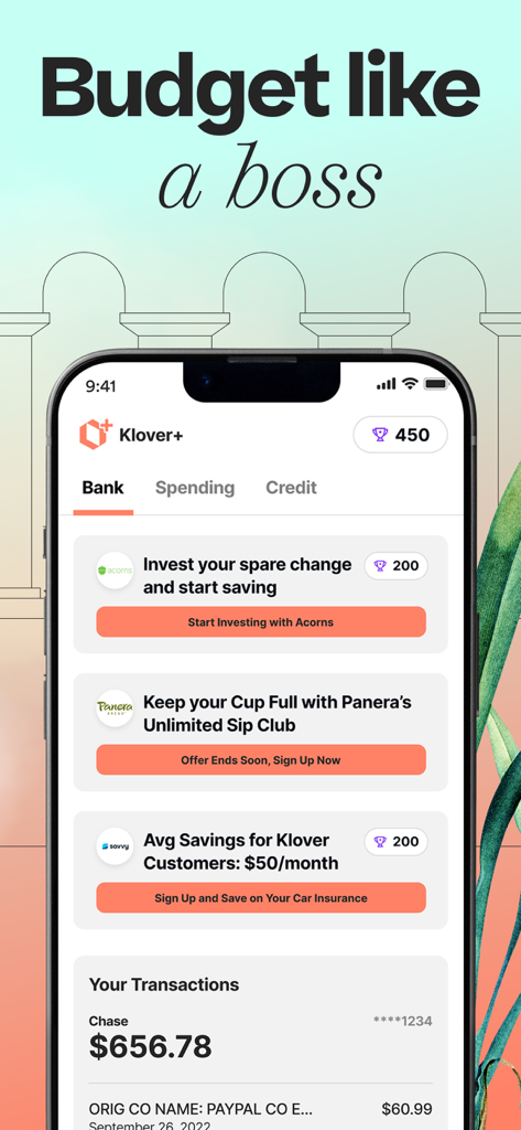 Klover app interface showing budgeting tools and bank transaction history