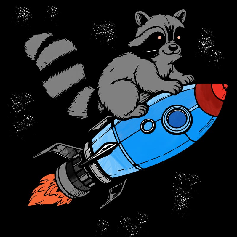 realistic raccoon flying on top rocket ship