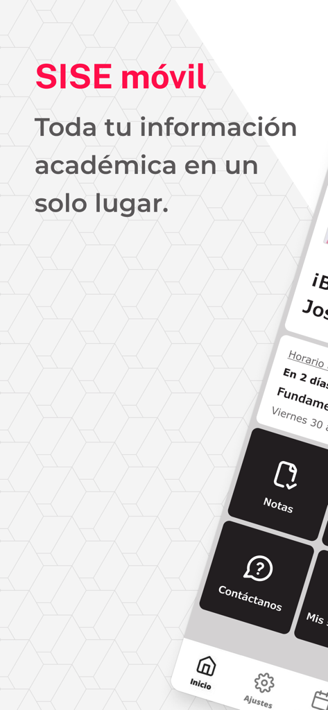 Sise Móvil - Tela inicial do aplicativo Sise Movil mostrando informações acadêmicas e ferramentas do estudante