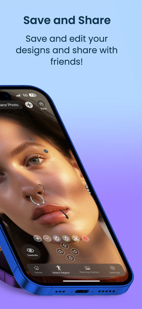 A mobile app interface displaying a woman's face with multiple virtual facial piercings and photo editing tools.