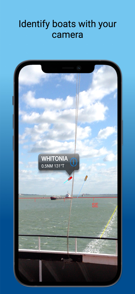 Boat Watch Pro - Boat Watch Pro app using augmented reality to identify a ship named Whitonia on the water
