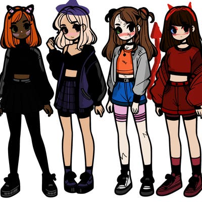 one girl with crop-top shirt and a jacket with a skirt, long socks and another girl with a shirt and pants with a jacket