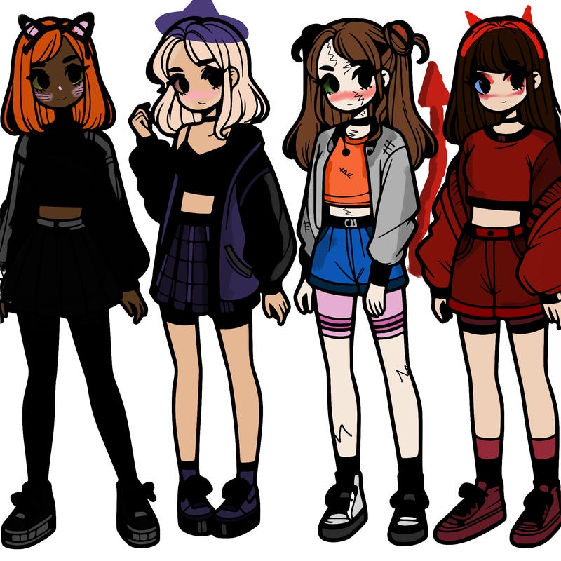 one girl with crop-top shirt and a jacket with a skirt, long socks and another girl with a shirt and pants with a jacket