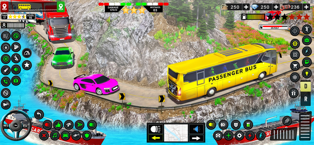Gameplay screenshot of Real Bus Simulator Ultimate featuring a yellow passenger bus driving on a narrow coastal road with realistic UI controls