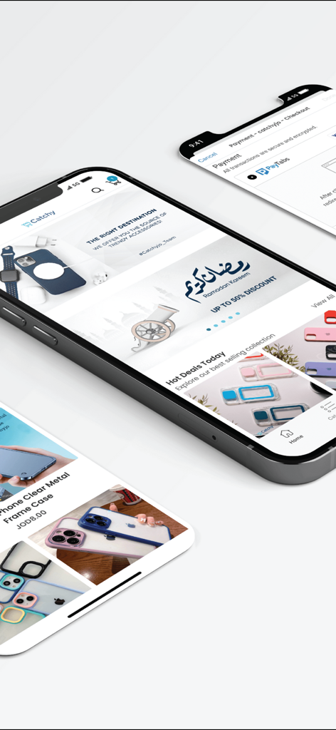 CatchyJo - Interface of the CatchyJo shopping app showing trendy phone cases hot deals and the secure payment checkout page