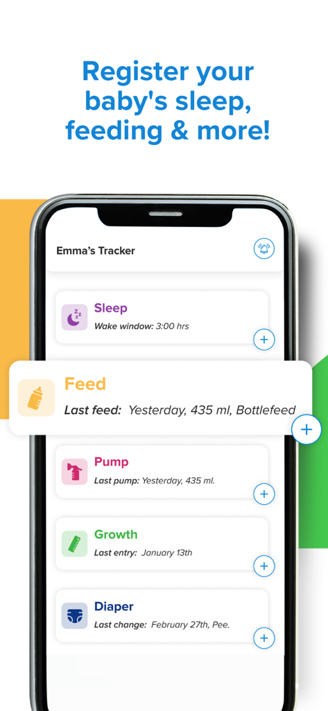 A smartphone displaying the Kinedu baby tracker dashboard with logs for sleep, feeding, growth, and diaper changes.